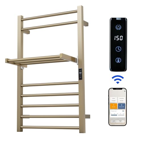 Heated Towel Warmer Rack Electric Bathroom with Voice Control Alexa & Google Home,TUYA Wall-Mounted,Stainless Steel,31.5x19.69x11.61in,Foldable Storage,Plug-in,Brushed Brass,10 Bars - color: Brushed Brass With Wifi & Shelf