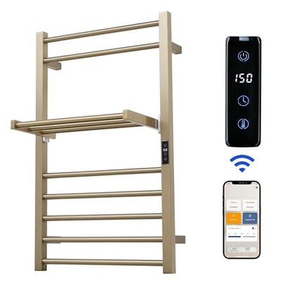 Heated Towel Warmer Rack Electric Bathroom with Voice Control Alexa & Google Home,TUYA Wall-Mounted,Stainless Steel,31.5x19.69x11.61in,Foldable Storage,Plug-in,Brushed Brass,10 Bars - color: Brushed Brass With Wifi & Shelf