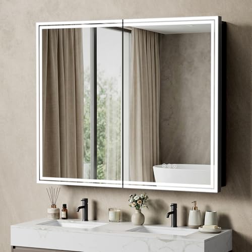 36"x30" Lighted Bathroom Medicine Cabinet, LED Medicine Cabinet Mirror with Electrical Outlet & USB Port, Defogger and Dimmable 3 Colors Adjustment, Aluminum Door Frame-Recessed/Wall Mounted - size: 36" x 30”