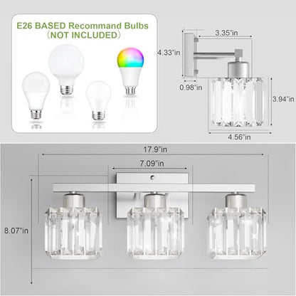 comzler 3-Light Bathroom Light Fixtures Over Mirror, Brushed Nickel Crystal Wall Sconce with E26 Base for Mirror Kitchen Living Room Bathroom, Square Crystal Shades (Bulbs Excluded) - size: Square