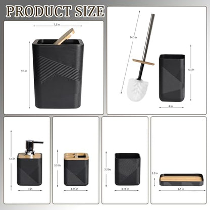 CERBIOR Bamboo Bathroom Accessories Set 6 Piece Square Spiral Set,Black | Includes Soap Dispenser, Toothbrush Holder, Toothbrush Cup, Soap Dish for Decorative Countertop and Housewarming Gift - size: Complete Set, style: Black