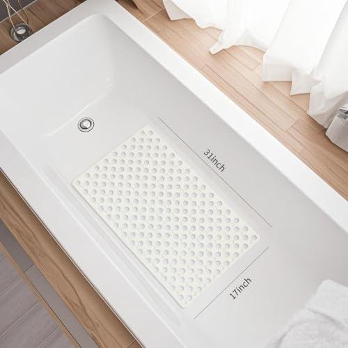 Non Slip Bathtub Mat and Shower Mat 31x17 inch,Bath Mat with Quick Dry Drain Holes and Suction Cups, Soft Comfortable Safe Bathroom Mat for Bath Tub, Floor, Tile (White)