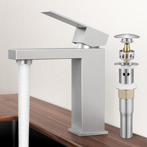 KES Bathroom Faucet Single Hole & Bathroom Sink Drain with Overflow, cUPC Certified Vanity Faucet Brushed Stainless Steel, L3156ALFF12-BS-C1 - color: Brushed Steel, style: w/ Drain (WITH Overflow) - Short Faucet