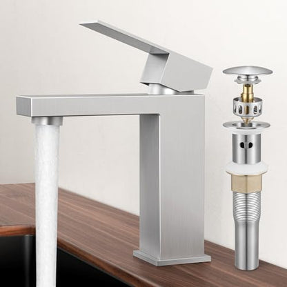 KES Bathroom Faucet Single Hole & Bathroom Sink Drain with Overflow, cUPC Certified Vanity Faucet Brushed Stainless Steel, L3156ALFF12-BS-C1 - color: Brushed Steel, style: w/ Drain (WITH Overflow) - Short Faucet