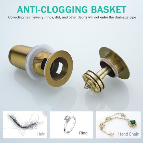All Metal Bathroom Sink Drain,Pop-up Drain with Detachable Basket Stopper,Anti-Clogging Drain Strainer,Hair Catcher,for Vanity Vessel Sink with Overflow,Champagne Bronze,SE83997PB-1CB - color: Champagne Bronze(with Overflow)