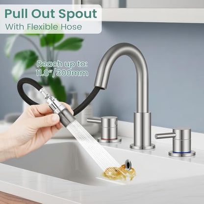 Bathroom Sink Faucet 3 Hole with Pull Down Sprayer, Brushed Nickel | Lead-free stainless steel, pop-up drain, 2-handle, 360°swivel, 8-inch widespread Faucet for RV/vanity sink, 3-hole mount - color: 2-Brushed Nickel, style: 8 Inch Pull Down