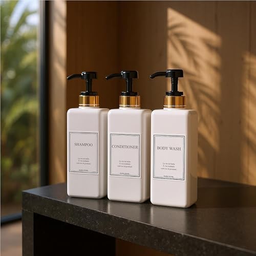 Modern Gold Design Shampoo and Conditioner Dispenser - Large 27oz Shower Soap Dispenser, Set of 3 Refillable Empty Plastic Pump Bottles for Bathroom and Body Wash (6 Waterproof Labels Included), Black - color: Black