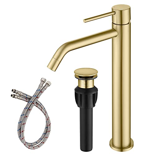 Brushed Gold Vessel Sink Faucet with Pop Up Drain and Supply Lines, Stainless Steel Gold Vanity Faucet Single Hole, JXMMP Single Handle Bathroom Faucet Gold, JXM1001BG - color: Brushed Gold, size: Tall Faucet