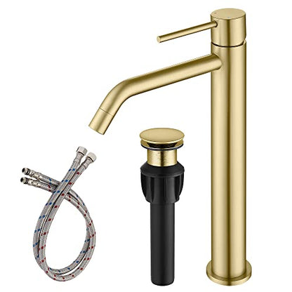 Brushed Gold Vessel Sink Faucet with Pop Up Drain and Supply Lines, Stainless Steel Gold Vanity Faucet Single Hole, JXMMP Single Handle Bathroom Faucet Gold, JXM1001BG - color: Brushed Gold, size: Tall Faucet