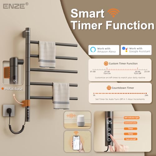 Smart Rotating Heated Towel Rack, 5-Bar Wall-Mounted, Gray | Electric Towel Warmer with Swivel Bars, Wi-Fi App Control, 24H Timer, Stainless Steel, IPX5, Hardwired/Plug-in - color: Gray 16.34"x26.77"