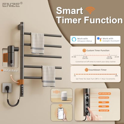 Smart Rotating Heated Towel Rack, 5-Bar Wall-Mounted, Gray | Electric Towel Warmer with Swivel Bars, Wi-Fi App Control, 24H Timer, Stainless Steel, IPX5, Hardwired/Plug-in - color: Gray 16.34"x26.77"