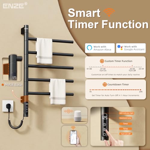Smart Rotating Heated Towel Rack, 5-Bar, Matte Black | Wall-Mounted Electric Towel Warmer, Swivel Bars, Wi-Fi App Control, 24H Timer, Stainless Steel - color: Black 16.34"x26.77"