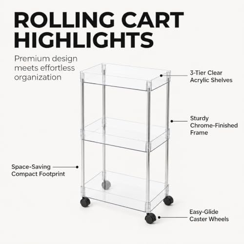 American Dream Acrylic 3-Tier Rolling Cart with Wheels, Chrome & Clear Utility Storage Trolley, Mobile Organizer for Kitchen, Bathroom & Office - size: Large