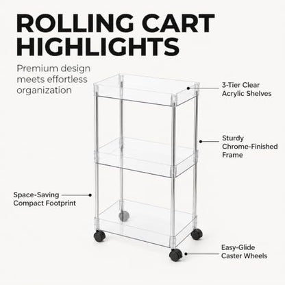 American Dream Acrylic 3-Tier Rolling Cart with Wheels, Chrome & Clear Utility Storage Trolley, Mobile Organizer for Kitchen, Bathroom & Office - size: Large