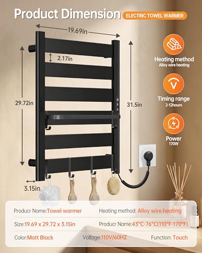Wall Mounted Heated Towel Rack, 6-Bar Towel Warmer for Bathroom | PTC Fast Heating Up to 170°F in 6 Minutes, Adjustable Temperature 110–170°F, 2–12H Timer, Space Aluminum, Matte Black - color: Black, size: PTC 6-Bars