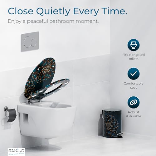 SANILO Wooden Toilet Seat with Soft Close [ELONGATED] - Decorative, Quiet & Slow Close Molded Wood Seat - With Strong Bumpers & Hinges - Adjustable Fit - Dahlia - color: Dahlia