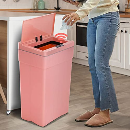 13 Gallon 50 Liter Kitchen Trash Can with Touch-Free & Motion Sensor Lid, Automatic Plastic Garbage Can, Touchless Trash Bin Automatic Trash Can for Bedroom Bathroom Home Office - color: Pink