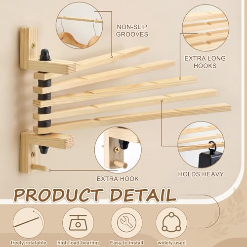 9 x 13 Inch Wood Swivel Towel Rack Wall Mounted Foldable Drying Rack with Anti-Slip Arms, Space Saving Towel Holder for Bathroom Laundry Room Closet, Pine Wood Hanger (5 Bar)