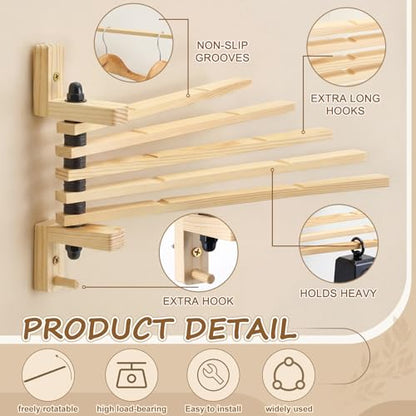 9 x 13 Inch Wood Swivel Towel Rack Wall Mounted Foldable Drying Rack with Anti-Slip Arms, Space Saving Towel Holder for Bathroom Laundry Room Closet, Pine Wood Hanger (5 Bar)