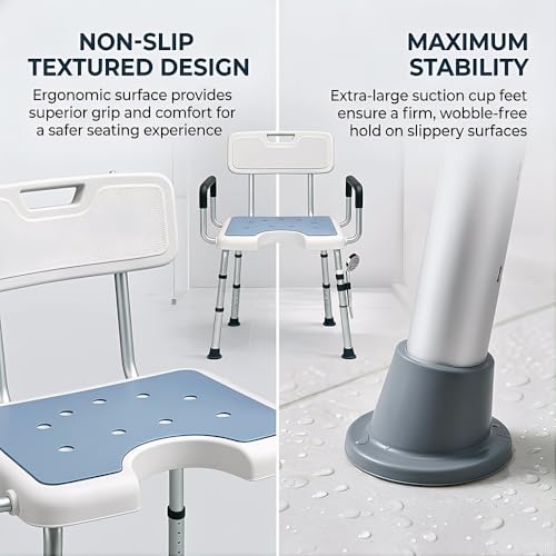 4-in-1 Shower Chair for Inside Shower with Arms and Back, HSA/FSA Eligible, 400lbs Capacity Height Adjustable U-Shaped Seat for Seniors Elderly Easy Bathing Tool-Free Assembly