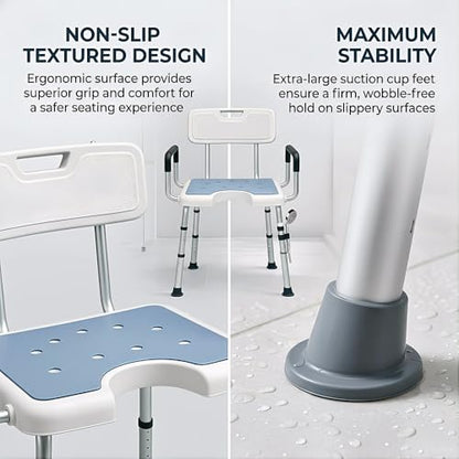 4-in-1 Shower Chair for Inside Shower with Arms and Back, HSA/FSA Eligible, 400lbs Capacity Height Adjustable U-Shaped Seat for Seniors Elderly Easy Bathing Tool-Free Assembly