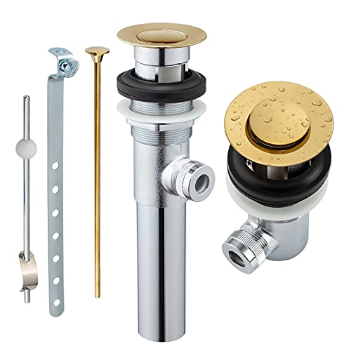 Sink Pop-Up Drain Stopper Assembly with Lift Rod and Overflow, Solid Brass Lavatory Pop Up Drain Assembly for Bathroom Vanity Sink, All Brass Construction (Polished Brass) - color: Polished Brass