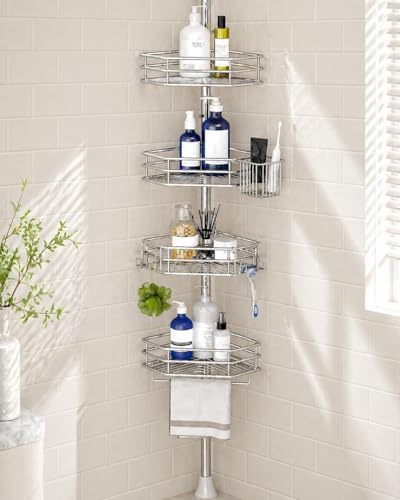 Corner Shower Caddy Tension Pole, Quick Setup, Rust-Free Bathroom Shower Organizer Corner for Bathtub Shampoo Storage, 4-Tier Adjustable Shelf, Drill Free, Fits 34 to 116 Inch Height, Silver - color: Silver