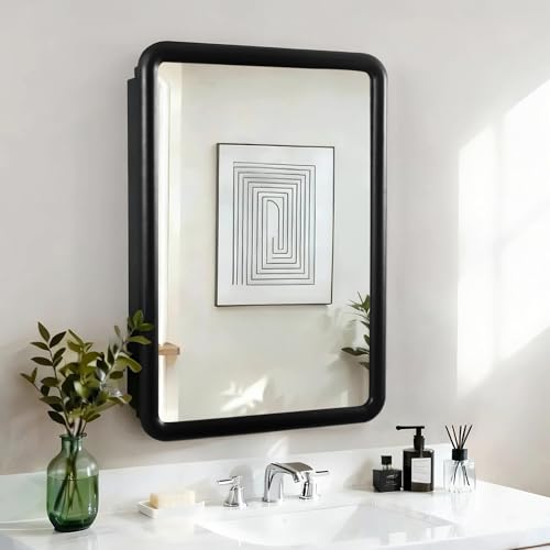 Black Medicine Cabinet, 18x26.5 Inch Wood Framed Mirror, Fully Assembled Recessed or Wall Mount Wood Cabinet with 2 Storage Shelves, Fully Assembled - color: Black