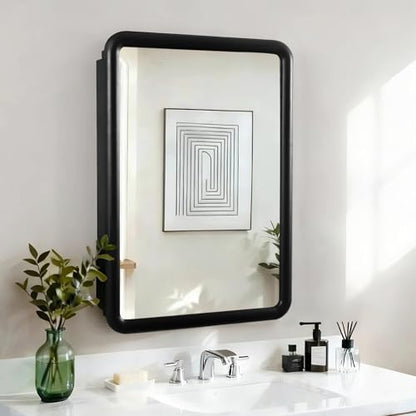 Black Medicine Cabinet, 18x26.5 Inch Wood Framed Mirror, Fully Assembled Recessed or Wall Mount Wood Cabinet with 2 Storage Shelves, Fully Assembled - color: Black