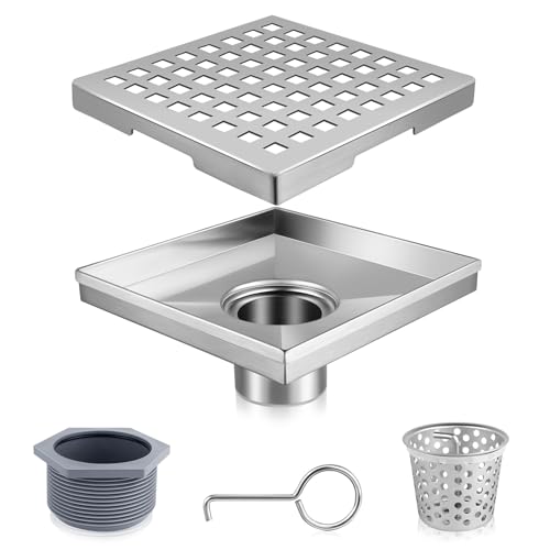 Square Shower Drain, 304 Stainless Steel 4 inch Shower Floor Bathroom Shower Drain with CUPC Certified, Brushed Nickel 4'' Square Floor Drain, for Bathroom Toilet Washroom Drain Water - size: 4 inch