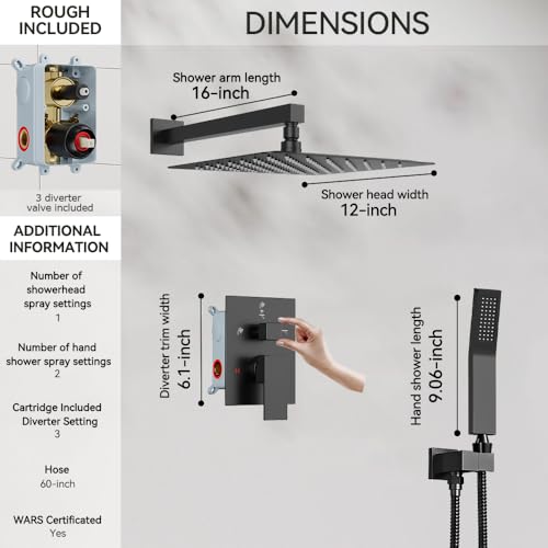 Shower System Shower Faucet Set, STARBATH 12" Wall Mount Rain Shower Head and Handheld Spray for Two Person, Rainfall Shower System with Diverter Valve and Trim Kit Complete，Matte Black - color: Matte Black, size: 12"-1