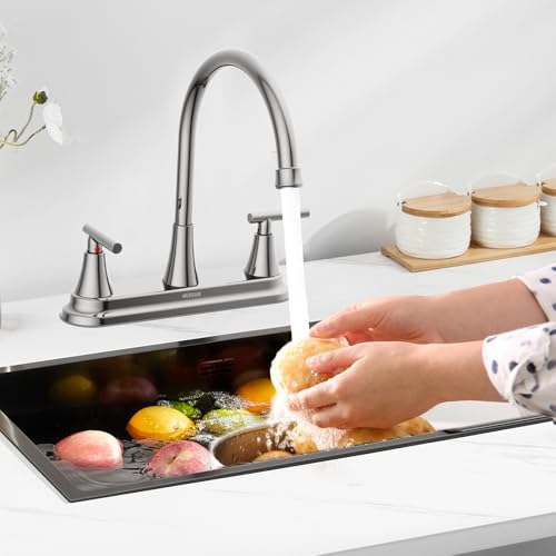 HURRAN 2 Handle Kitchen Sink Faucet, 8 Inch High Arc 360°Swivel Kitchen Sink Faucet, 3 Hole Kitchen Faucet Without Side Sprayer, Centerset RV Kitchen Faucet with Stainless Steel Pipe, Chrome - color: Chrome, style: Without Side Sprayer