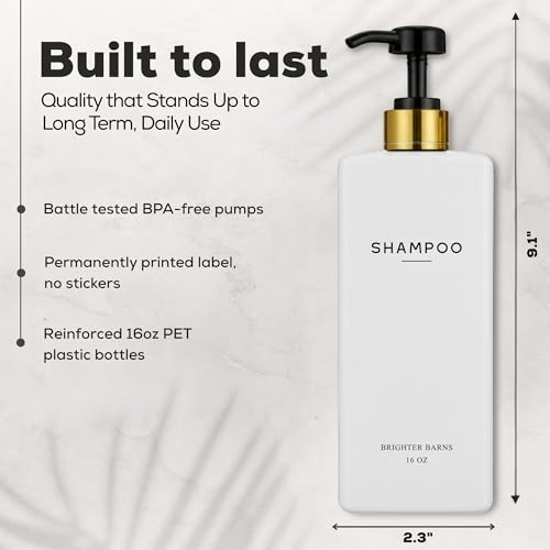 White Shampoo and Conditioner Dispenser Set by Brighter Barns - Refillable Shampoo and Conditioner Bottles - Reusable Shower Soap Dispenser in Hotel, Gold Bathroom, Guest House, Modern Airbnb (White) - color: White