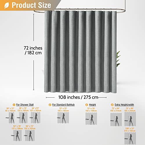 BTTN 108x72 Linen Textured Waterproof Cloth Shower Curtain Set, Grey/Gray | Extra Wide Size, 230GSM Polyester, Heavy Duty Fabric, Weighted Hem, 14 Plastic Hooks, Modern Hotel Style, Machine Washable - color: Grey, size: 108"W x 72"L (Pack of 1)