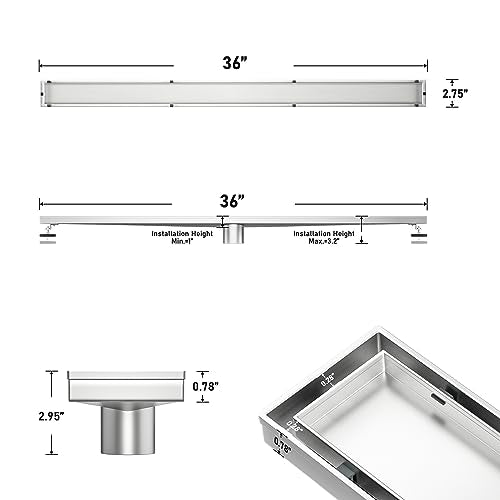 Linear Shower Drain 36" Brushed 304 Stainless Steel | Fast Drainage | Tile Inserted | Stainless Floor Drain Grate | Hair Strainer | Drain Key | The Upgrade for Your Bathroom - size: 36 Inch