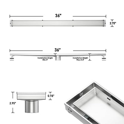 Linear Shower Drain 36" Brushed 304 Stainless Steel | Fast Drainage | Tile Inserted | Stainless Floor Drain Grate | Hair Strainer | Drain Key | The Upgrade for Your Bathroom - size: 36 Inch