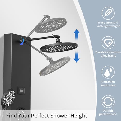 Shower Panel Shower Tower System, 9 Inch Rainfall Shower Head Round, Stainless Steel with Massage Body Jets Adjustable, Temperature Display, Stand Shower Column Wall Mount, Black
