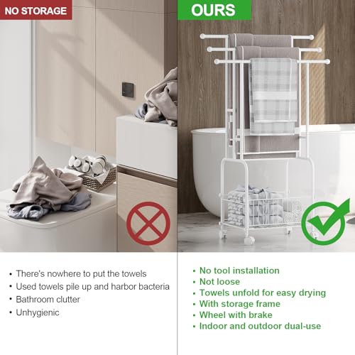 3 Tier FreeStanding Towel Rack with Wheels and Storage Basket | 42.5" H White Metal Towel Drying Rack Outdoor, Pool Towel Stand Display for bathrooms, laundry rooms and pool areas