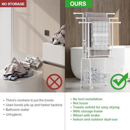 3 Tier FreeStanding Towel Rack with Wheels and Storage Basket | 42.5" H White Metal Towel Drying Rack Outdoor, Pool Towel Stand Display for bathrooms, laundry rooms and pool areas