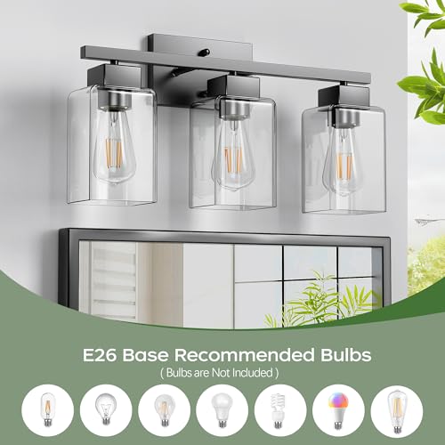 3-Light Bathroom Light Fixtures, Matte Black Modern Vanity Lights, Bathroom Lighting Fixtures Over Mirror, Square Design Farmhouse Wall Sconces with Clear Glass Shades - color: Matte Black, size: 3-Light