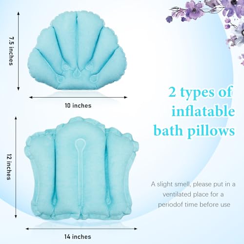 Jetec 2 Pcs Inflatable Bath Pillow with Suction Cup Terry Cloth Covered Bath Pillow Shell Shape Bathtub Spa Pillows Comfortable Soft Cushion Neck Support Fits All Pool Bathroom Home Spa Hot Tub(Blue)