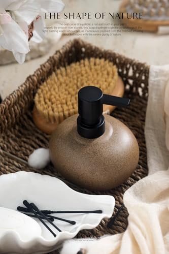 EMPO Ceramic Hand Soap Dispenser with Matte Black Pump, Stone-Textured Wabi-Sabi Liquid Dispenser for Bathroom Vanity and Kitchen Sink (300ml/10.14oz) - size: 300 ml