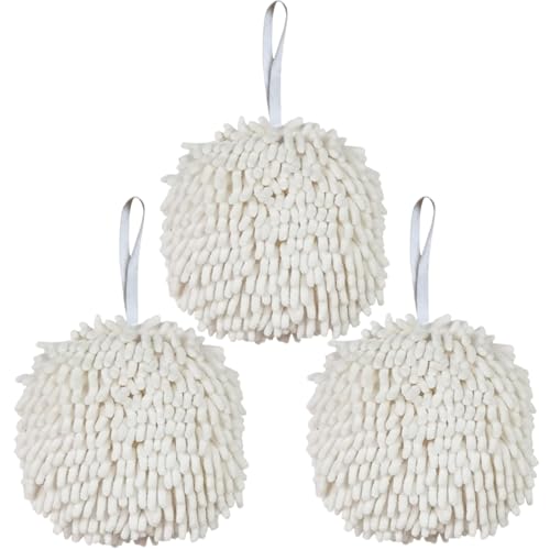 Ivymei 3 Pack Fuzzy Chenille Hand Towels Ball,Hanging Hand Towel with Loop for Kitchen Bathroom,Quick Dry Absorbent Hand Bath Towel(White) - color: White