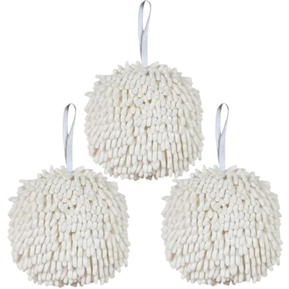 Ivymei 3 Pack Fuzzy Chenille Hand Towels Ball,Hanging Hand Towel with Loop for Kitchen Bathroom,Quick Dry Absorbent Hand Bath Towel(White) - color: White