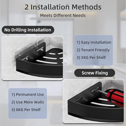 Wisfame Black Corner Shower Caddy, Triangle Shower Shelf No Drilling, Metal | Rustproof Aluminium, Adhesive & Drill Installation, Wall Mounted, 2 Pack, Bathroom Shampoo Holder for Toiletries