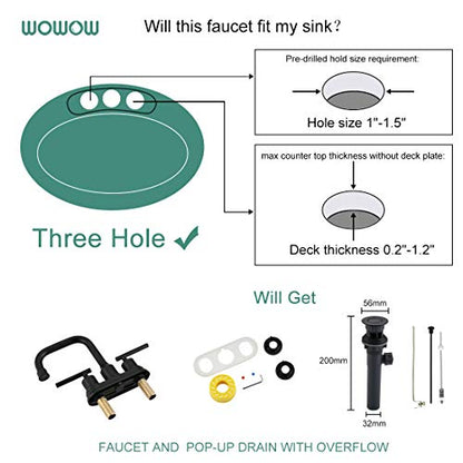 WOWOW Bathroom Faucet Black 4 inch Bathroom Sink Faucet Centerset Lift Rod Drain Stopper 2 Handle Lavatory Vanity Tap High Arc Modern - color: Black, style: Centerset - 4 Inch