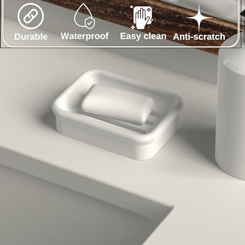 2-Piece Composite Granite Soap Dish for Shower - Elegant Stone-Look Bar Soap Holder with Strainer - Durable & Non-Porous Soap Tray for Bathroom and Kitchen Sink, Easy Clean (White) - color: White