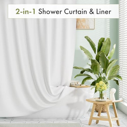 White Shower Curtain Liner 72x74 Inches, Fabric Shower Liner Cloth with Weighted Stones, Washable Shower Curtain and Liner 2-in-1, 120G Heavy Duty, 12 Grommet Holes - color: White, size: 72"W x 74"L (Pack of 1)