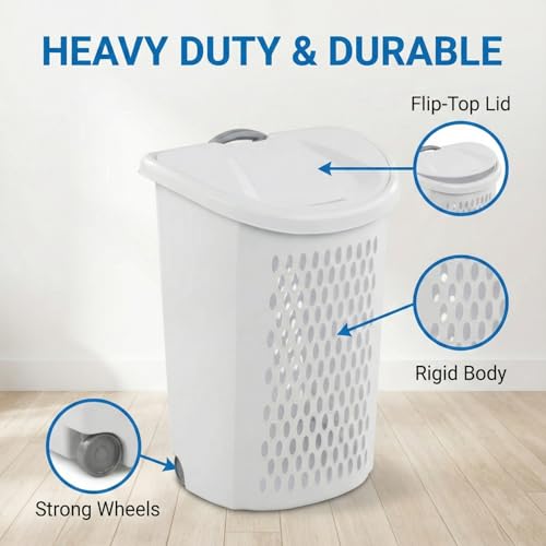 Laundry Hamper with Wheels and Lid, 2-Bushel Capacity, Plastic, White, Rolling Basket with Handle