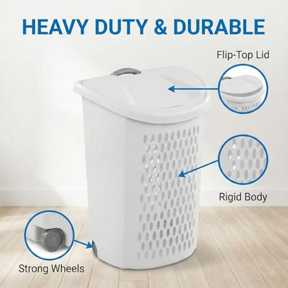 Laundry Hamper with Wheels and Lid, 2-Bushel Capacity, Plastic, White, Rolling Basket with Handle